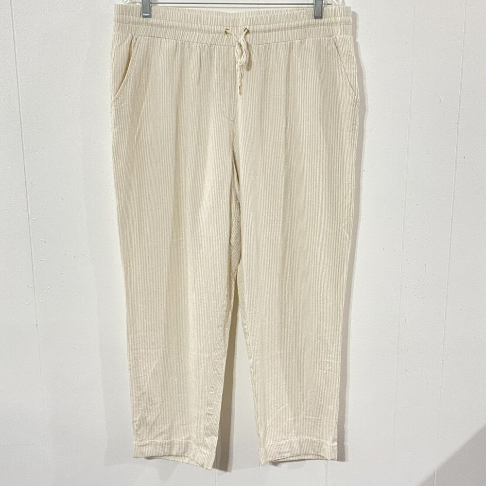 ANNE KLEIN Linen Blend Tapered L Crop Pant Elastic Waist BEIGE Striped LAGENLOOK